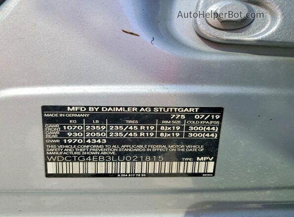 WDCTG4EB3LU021815 2020 MERCEDES-BENZ GLA-CLASS Серебряный Вид наклейки с VIN-кодом