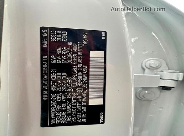 YV4BC0PL2G1042106 2016 VOLVO XC90 White Widok wnętrza 360 stopni