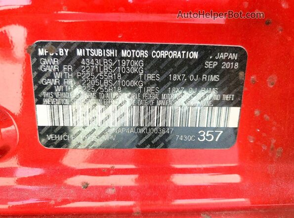 JA4AP4AUXKU003647 2019 MITSUBISHI OUTLANDER Red 