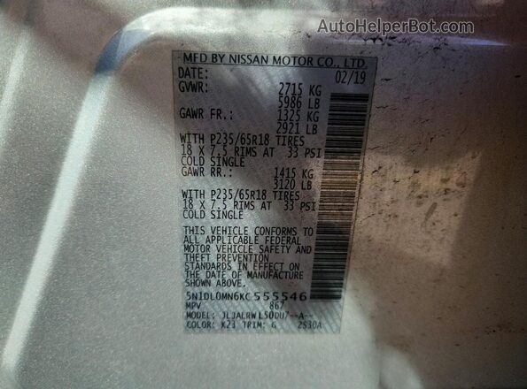 5N1DL0MN6KC555546 2019 INFINITI QX60 Silver 