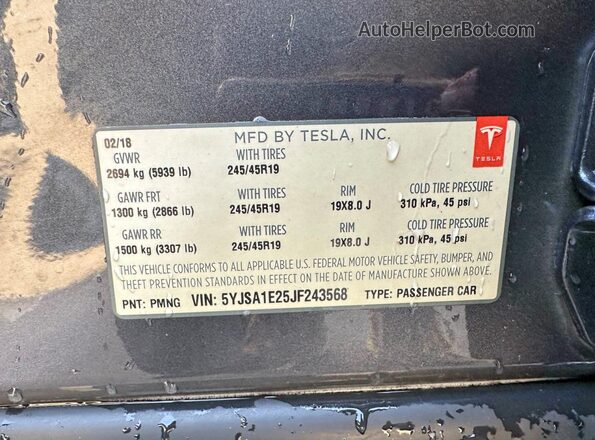 5YJSA1E25JF243568 2018 TESLA MODEL Gray 