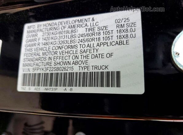 5FPYK3F22SB026215 2025 HONDA RIDGELINE Black VIN კოდის სტიკერის ხედი