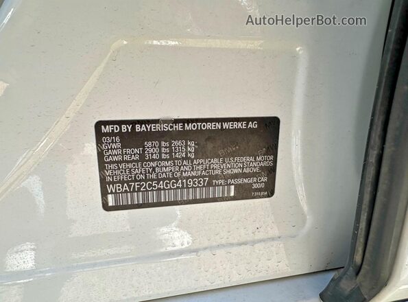 WBA7F2C54GG419337 2016 BMW 7 SERIES White Вид задніх сидінь