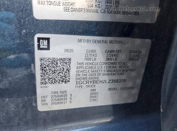 1GCRYBEH2LZ359375 2020 CHEVROLET SILVERADO Gray VIN კოდის სტიკერის ხედი