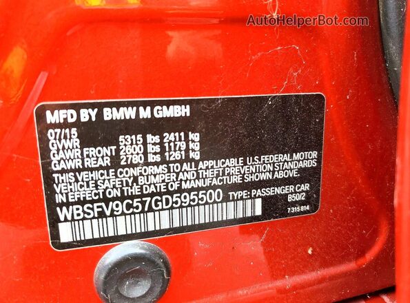 WBSFV9C57GD595500 2016 BMW M5 Orange Widok naklejki z numerem VIN