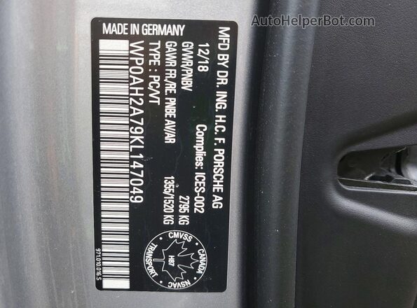 WP0AH2A79KL147049 2019 PORSCHE PANAMERA Silver VIN კოდის სტიკერის ხედი