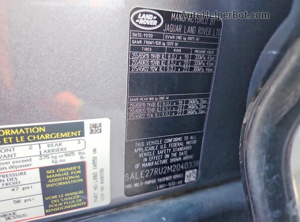 SALE27RU2M2040338 2021 LAND ROVER DEFENDER Gray VIN sticker view