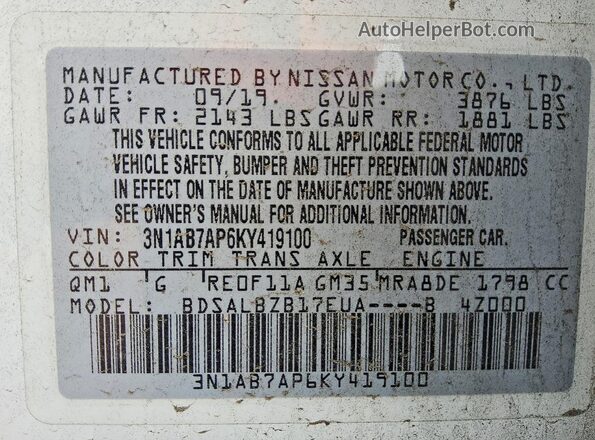 3N1AB7AP6KY419100 2019 NISSAN SENTRA White 