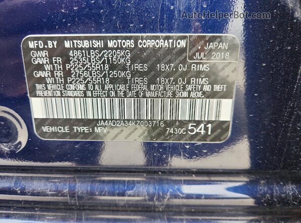 JA4AD2A34KZ003716 2019 MITSUBISHI OUTLANDER Blue 