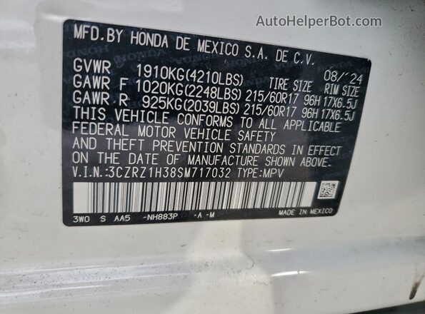 3CZRZ1H38SM717032 2025 HONDA HR-V White Панорамний вид салону 360°