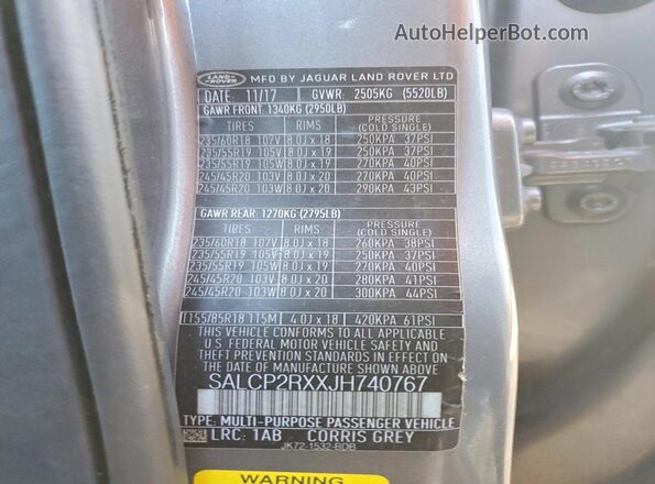 SALCP2RXXJH740767 2018 LAND ROVER DISCOVERY Gray Widok naklejki z numerem VIN