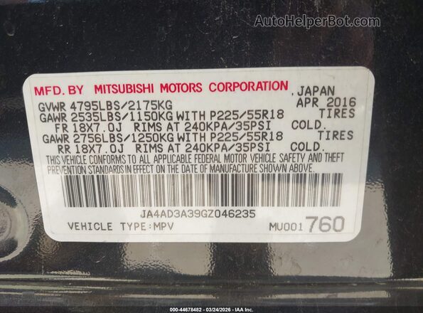 JA4AD3A39GZ046235 2016 MITSUBISHI OUTLANDER Black 