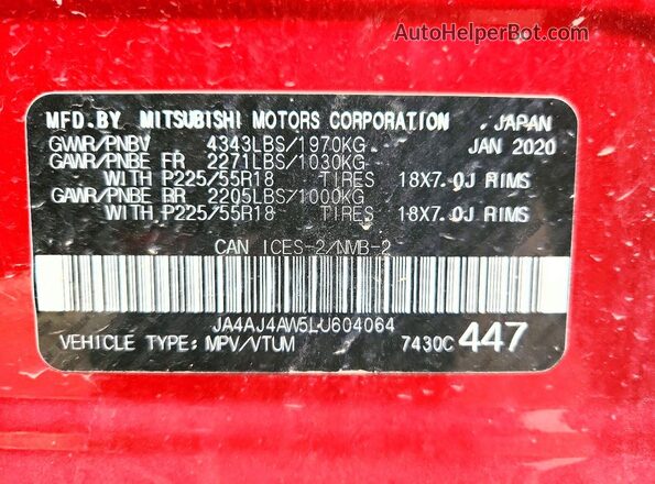 JA4AJ4AW5LU604064 2020 MITSUBISHI RVR Красный Вид наклейки с VIN-кодом