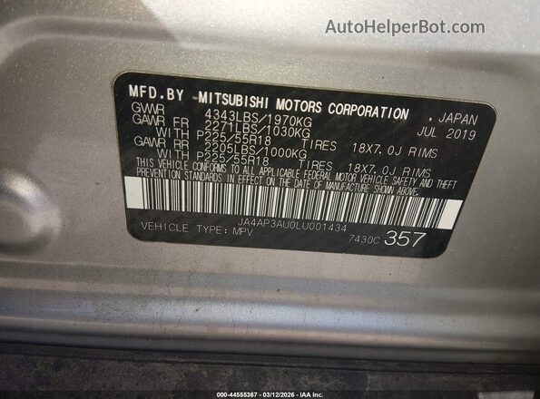 JA4AP3AU0LU001434 2020 MITSUBISHI OUTLANDER SPORT Gray Widok komory silnika