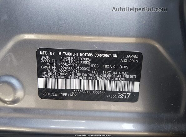 JA4AP3AU0LU005144 2020 MITSUBISHI OUTLANDER SPORT Gray Widok komory silnika