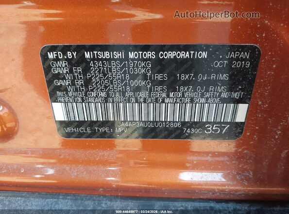 JA4AP3AU0LU012806 2020 MITSUBISHI OUTLANDER SPORT Orange Engine compartment view