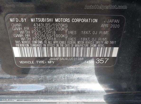 JA4AP3AU4LU031388 2020 MITSUBISHI OUTLANDER SPORT Черный Вид подкапотного пространства