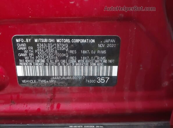JA4APUAU4MU007017 2021 MITSUBISHI OUTLANDER SPORT Red 