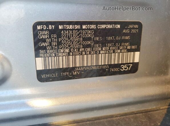 JA4APVAU2MU031855 2021 MITSUBISHI OUTLANDER Silver VIN კოდის სტიკერის ხედი