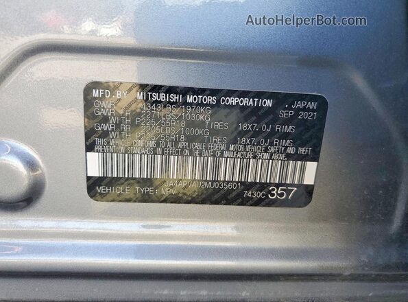 JA4APVAU2MU035601 2021 MITSUBISHI OUTLANDER Gray VIN კოდის სტიკერის ხედი