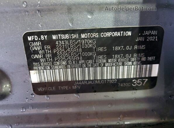 JA4ARUAU3MU017922 2021 MITSUBISHI OUTLANDER Charcoal Vista de la etiqueta del VIN