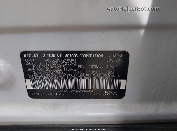 JA4AS3AA5KZ002603 2019 MITSUBISHI ECLIPSE CROSS White Вид підкапотного простору