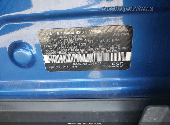 JA4AS3AA8LZ034124 2020 MITSUBISHI ECLIPSE CROSS Blue Vista del compartimento del motor