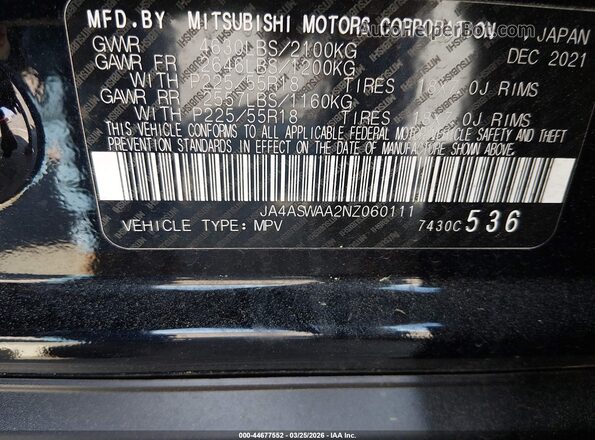 JA4ASWAA2NZ060111 2022 MITSUBISHI ECLIPSE CROSS Black Widok komory silnika
