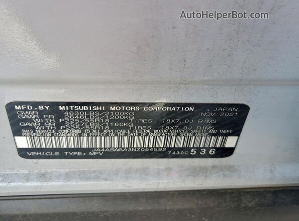 JA4ASWAA3NZ054592 2022 MITSUBISHI ECLIPSE White VIN կոդի պիտակի տեսք
