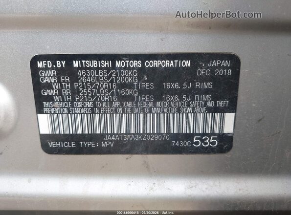 JA4AT3AA3KZ029070 2019 MITSUBISHI ECLIPSE CROSS Silver ძრავის განყოფილების ხედი