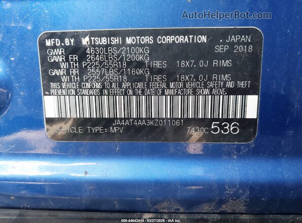 JA4AT4AA3KZ011061 2019 MITSUBISHI ECLIPSE CROSS Blue Vista del compartimento del motor