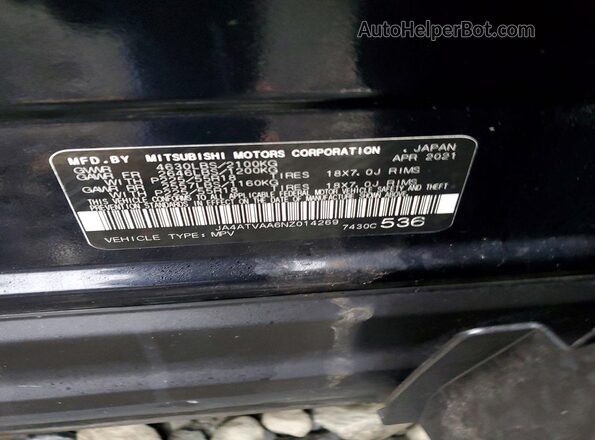 JA4ATVAA6NZ014269 2022 MITSUBISHI ECLIPSE Black VIN կոդի պիտակի տեսք