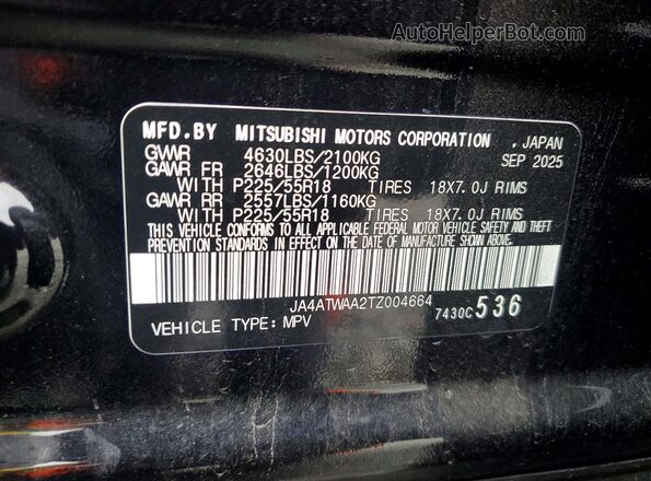 JA4ATWAA2TZ004664 2026 MITSUBISHI ECLIPSE Black VIN კოდის სტიკერის ხედი