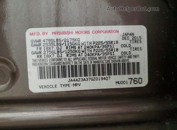 JA4AZ3A37GZ019407 2016 MITSUBISHI OUTLANDER Brown 
