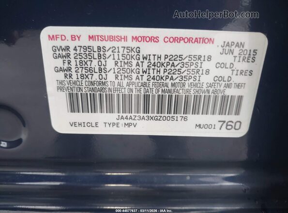 JA4AZ3A3XGZ005176 2016 MITSUBISHI OUTLANDER Dark Blue Vista del compartimento del motor