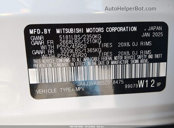 JA4J3VA86SZ018475 2025 MITSUBISHI OUTLANDER White 