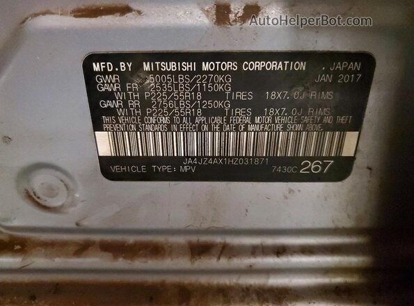 JA4JZ4AX1HZ031871 2017 MITSUBISHI OUTLANDER Silver Vista de la etiqueta del VIN