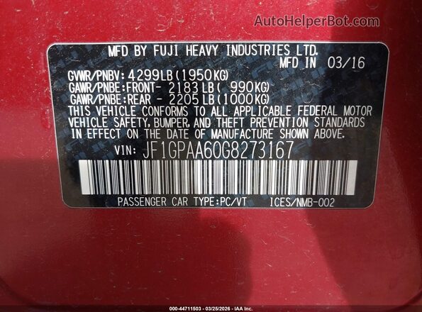 JF1GPAA60G8273167 2016 SUBARU IMPREZA Burgundy Engine compartment view