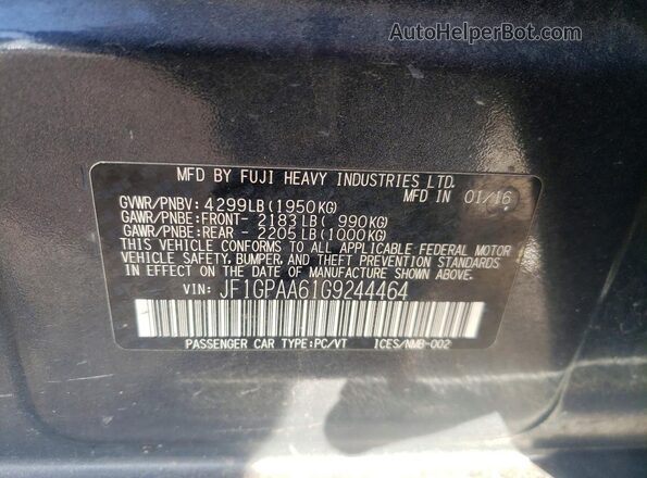 JF1GPAA61G9244464 2016 SUBARU IMPREZA Charcoal Widok naklejki z numerem VIN