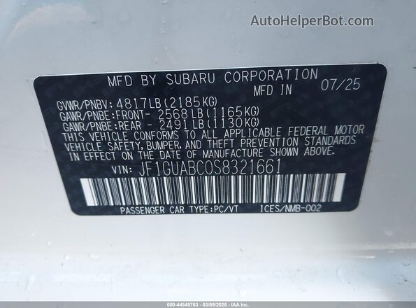 JF1GUABC0S8321661 2025 SUBARU IMPREZA White Շարժիչի բաժամունքի տեսք