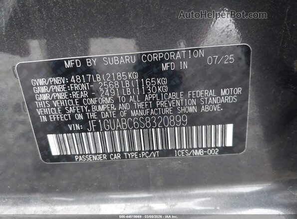 JF1GUABC6S8320899 2025 SUBARU IMPREZA Gray 