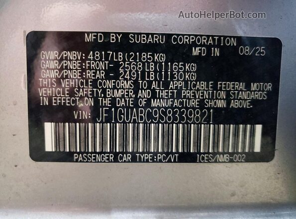 JF1GUABC9S8339821 2025 SUBARU IMPREZA Silver Вид наклейки з VIN-кодом