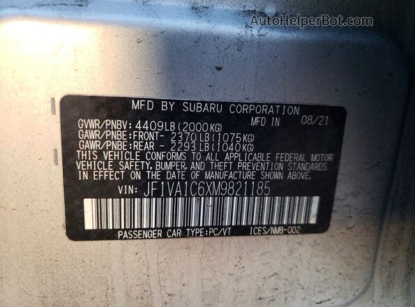JF1VA1C6XM9821185 2021 SUBARU WRX Silver Vista de la etiqueta del VIN