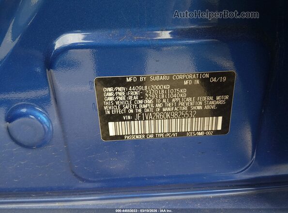 JF1VA2R60K9825532 2019 SUBARU WRX STI Blue Вид підкапотного простору
