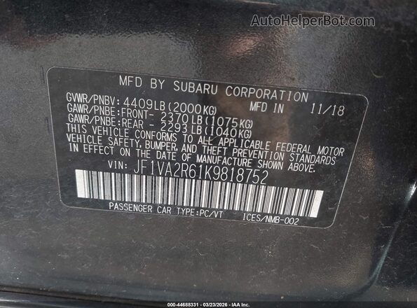 JF1VA2R61K9818752 2019 SUBARU WRX STI Gray Вид підкапотного простору