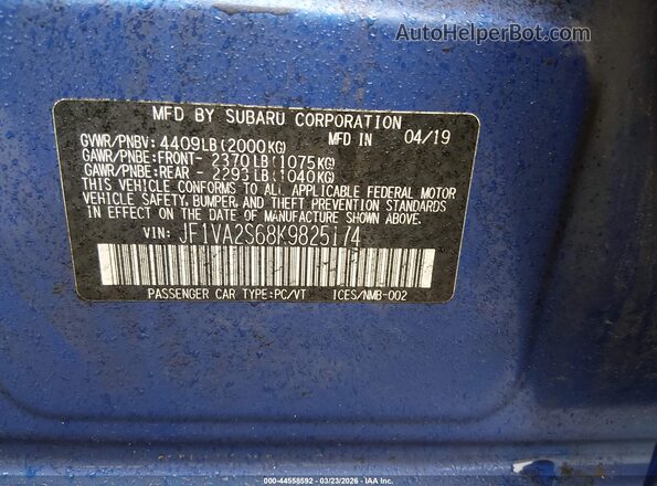 JF1VA2S68K9825174 2019 SUBARU WRX STI Blue Вид підкапотного простору