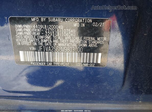 JF1VA2S68M9803100 2021 SUBARU WRX STI Синий Вид подкапотного пространства