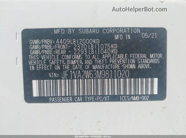 JF1VA2W63M9811020 2021 SUBARU WRX STI White Vista del compartimento del motor