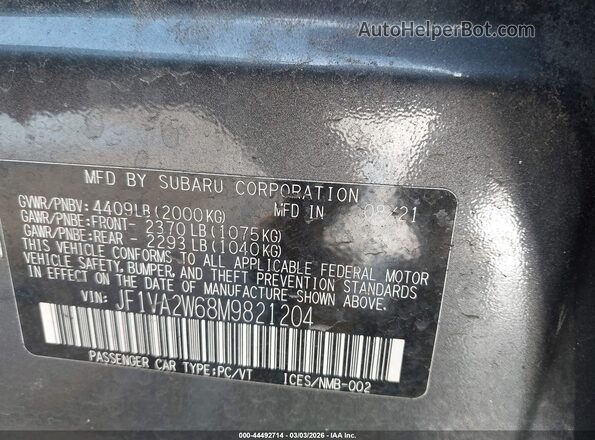 JF1VA2W68M9821204 2021 SUBARU WRX STI Blue Vista del compartimento del motor