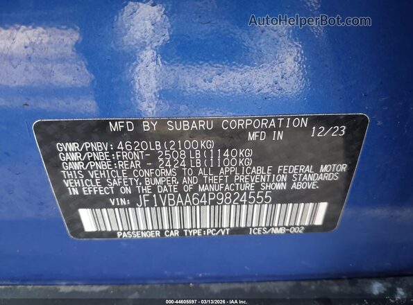 JF1VBAA64P9824555 2023 SUBARU WRX Blue Engine compartment view